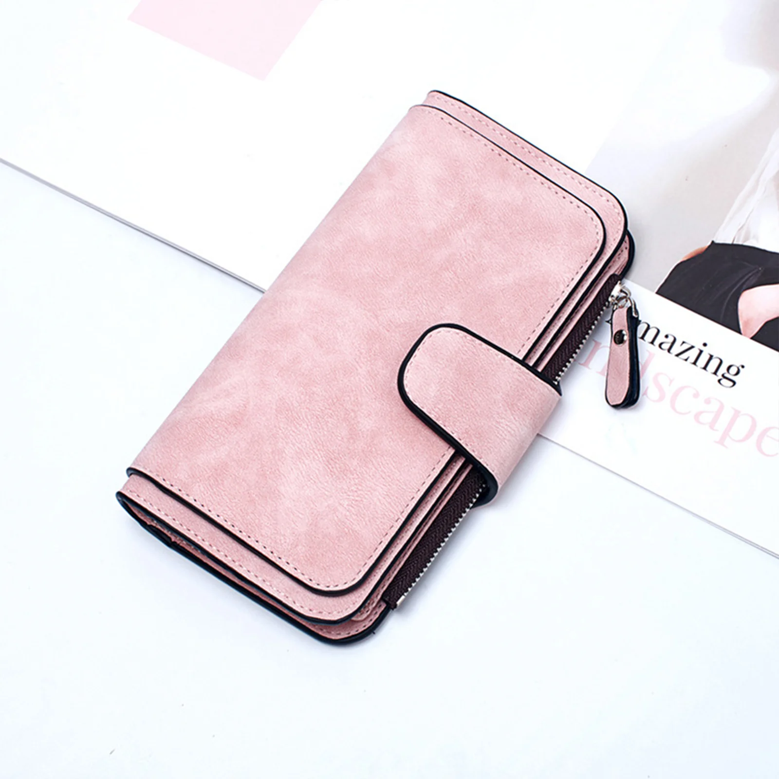 Portafoglio con chiusura a scatto per donna Portafoglio lungo in PU satinato con cinturino da polso Borsa con cerniera Pochette multitasche Uso quotidiano Rosa