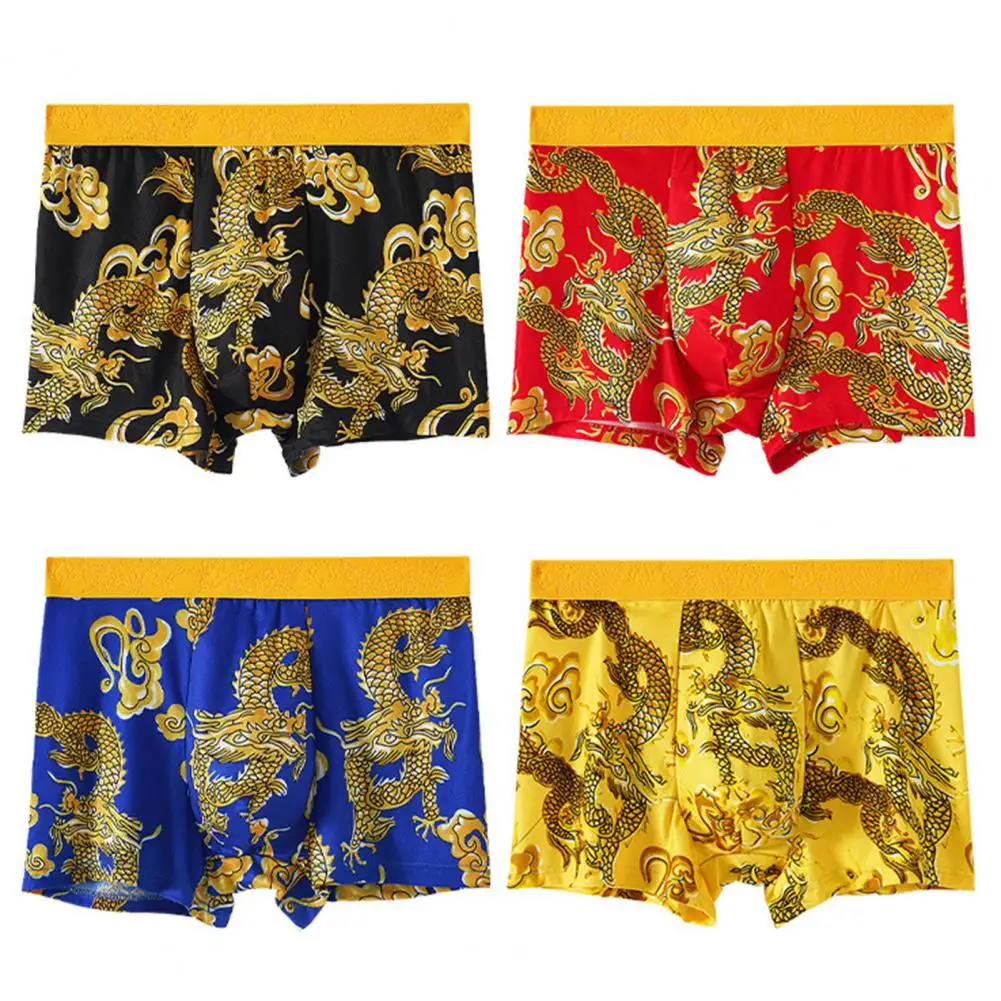 1Pc Soft Men Dragon Pattern Underwear Year of The Dragon Boxer Briefs Mid-rise Elastic Wide Waistband Shorts Panties Underpants