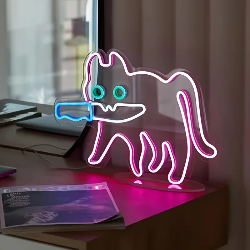 Cat With A Knife LED Neon Sign, For Wall Decoration, Wall Mounted Hanging Lights, Cartoon Cat LED Neon Sign
