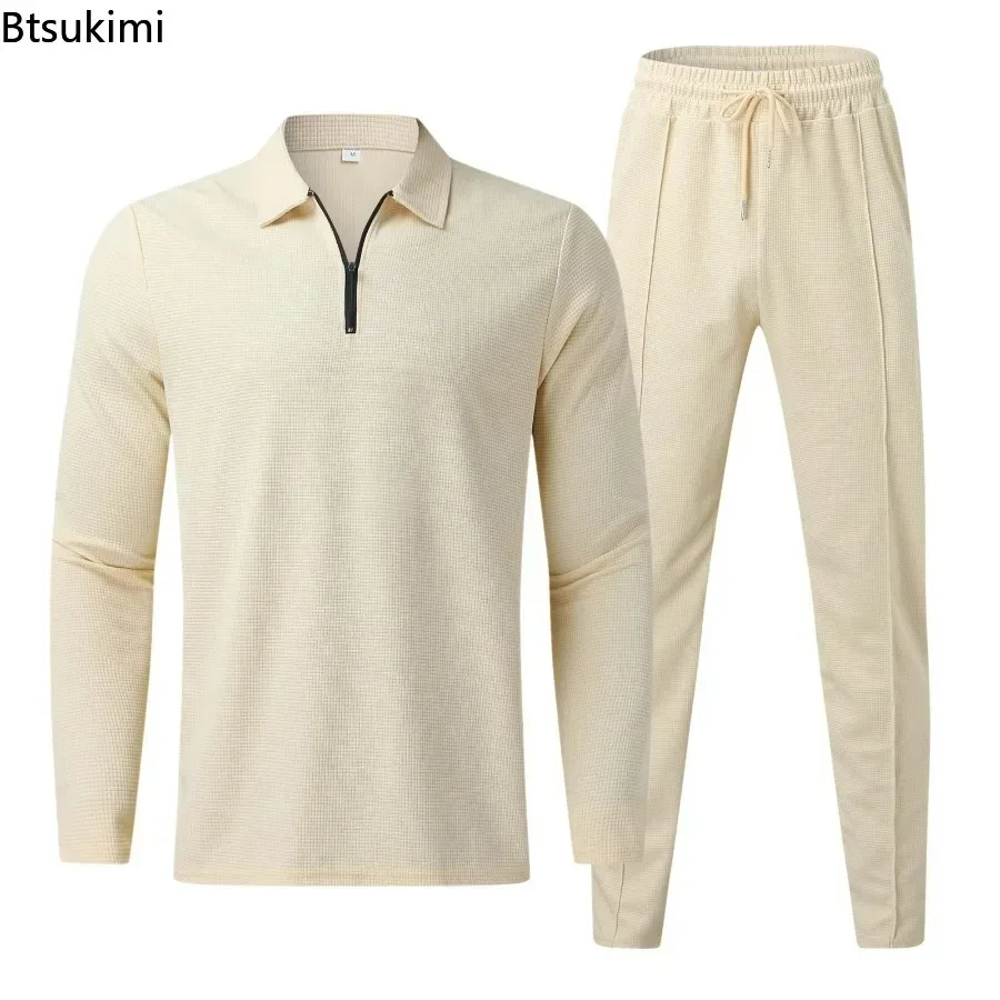 New Men's Casual Long Sleeve Polo Shirt+Sweatpants Suit Sets Solid Men V-neck Sweatshirt Clothing Sets 2PCS Mens Clothes Suits