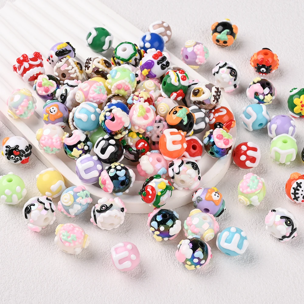 30Pcs Hand Drawn Resin Beads Random Mixed Interval Beads For DIY Jewelry Making Bracelet Keychain Beaded Pen Handcrafts Accessor