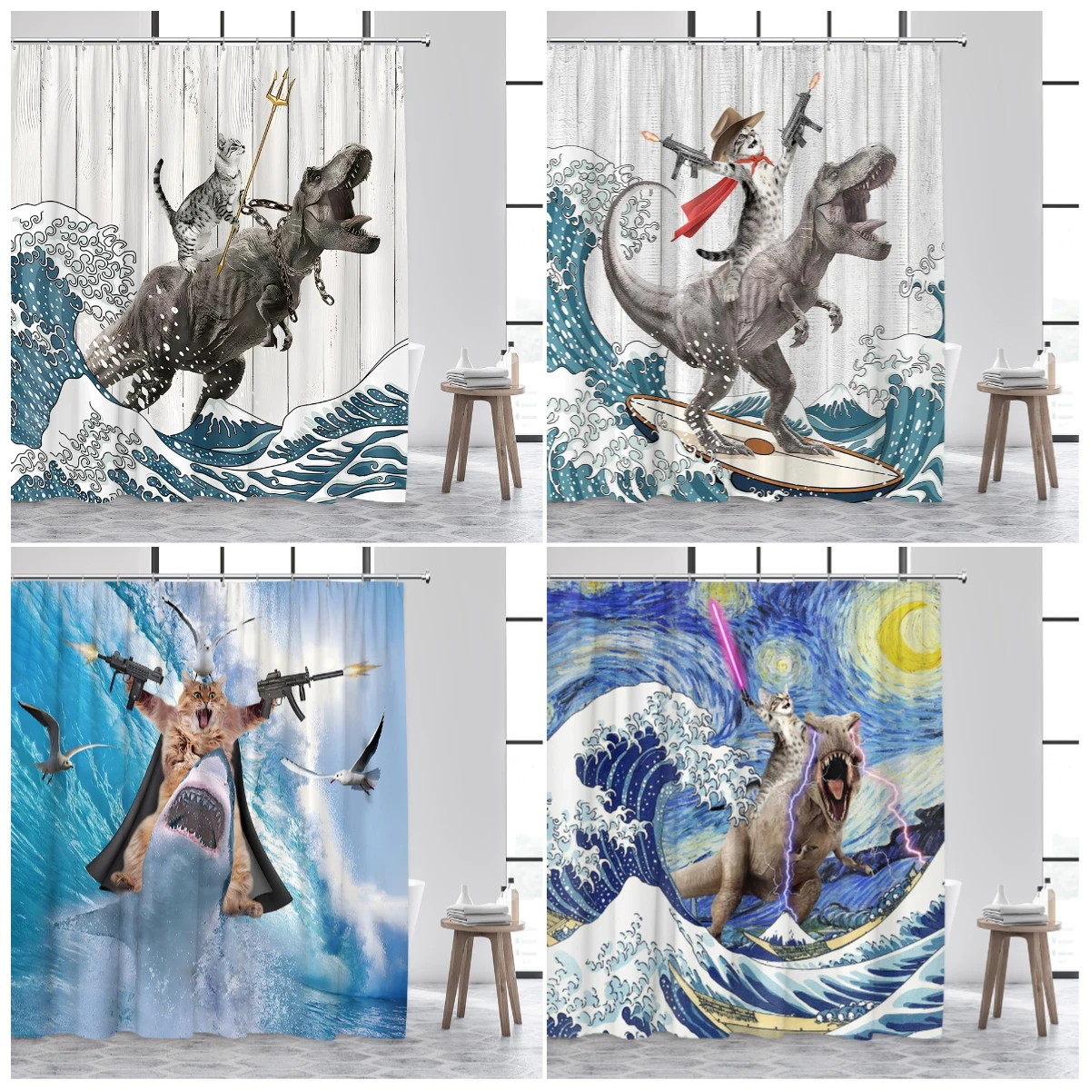

Занавеска для душа с забавным котом и динозавром, милые мультяшные животные, серфинг, морские волны, детские занавески для ванной комнаты, полиэстер, домашний декор