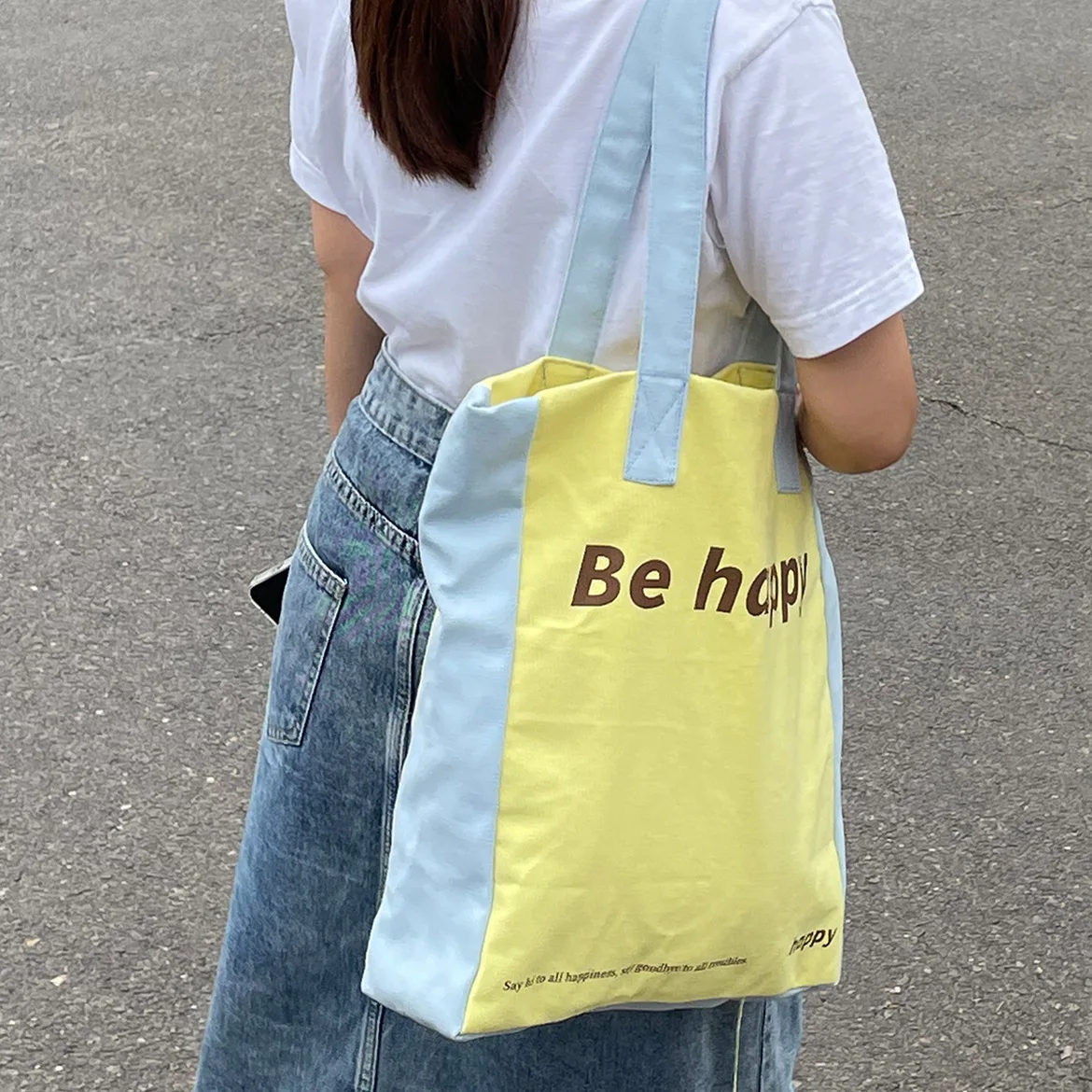 Borsa per ragazze estate nuova borsa a tracolla ad alta capacità in tela "be Happy" borsa per la spesa Bookbag All-match