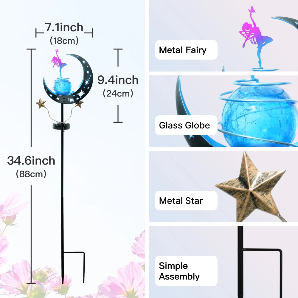 Putuo Decor Solar Powered Outdoor Iron Flower Fairy Moon Lamp Lights Rechargeable Battery, Outdoor Solar Lights for  Backyard