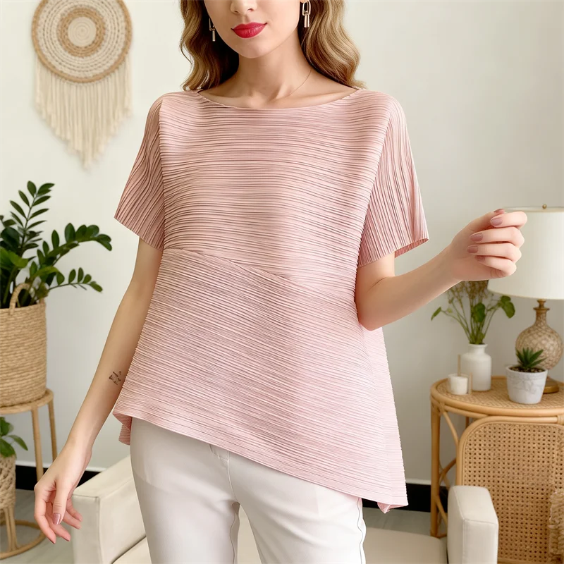 

Miyake Pleated Casual Elastic Round Neck Short-sleeved Solid Color Top T-shirt Women's Clothing