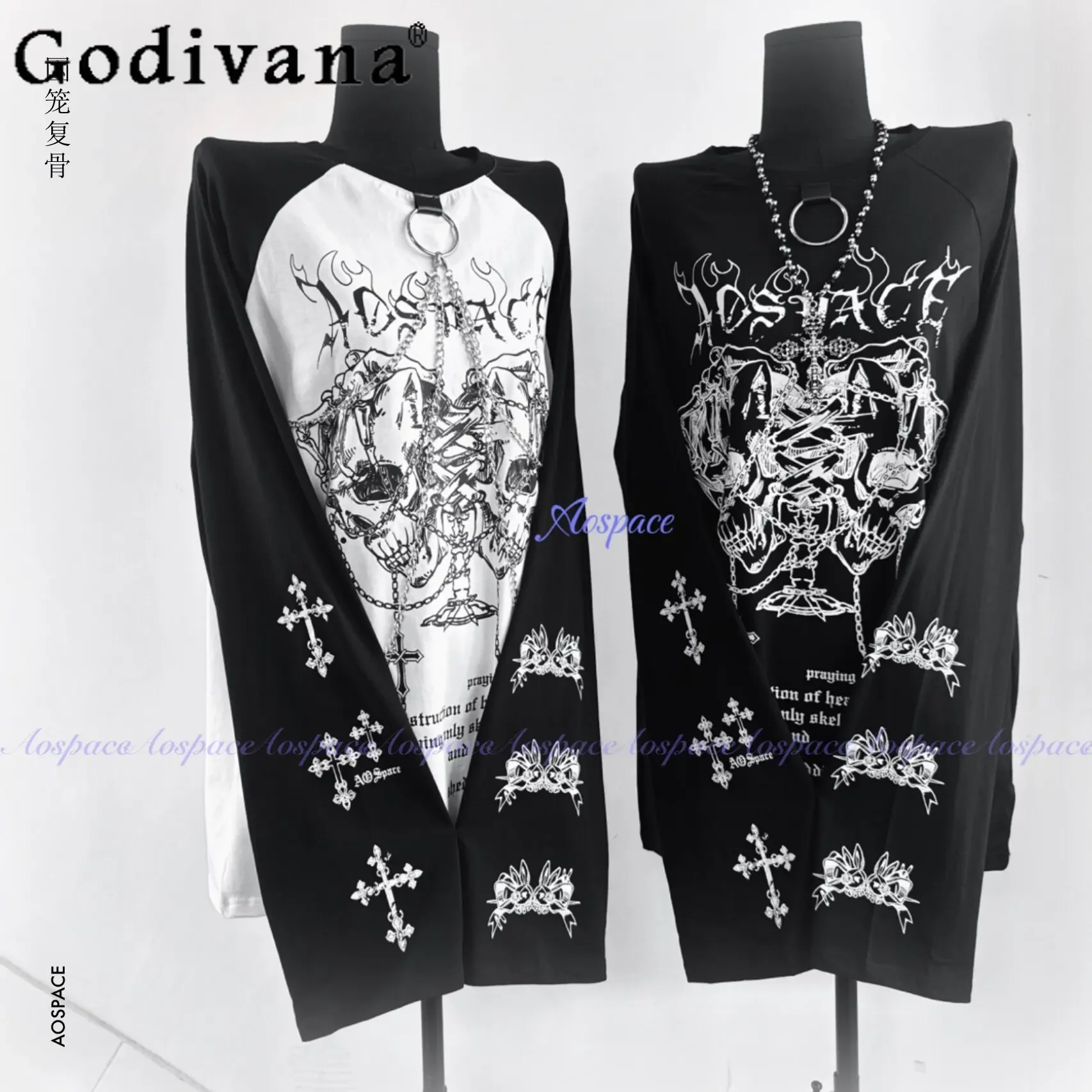 Original Printed Chain Oversize Long-sleeve Top T-shirt Student Sweet Cool Fashion Subculture Gothic Punk Style T-shirt Spring