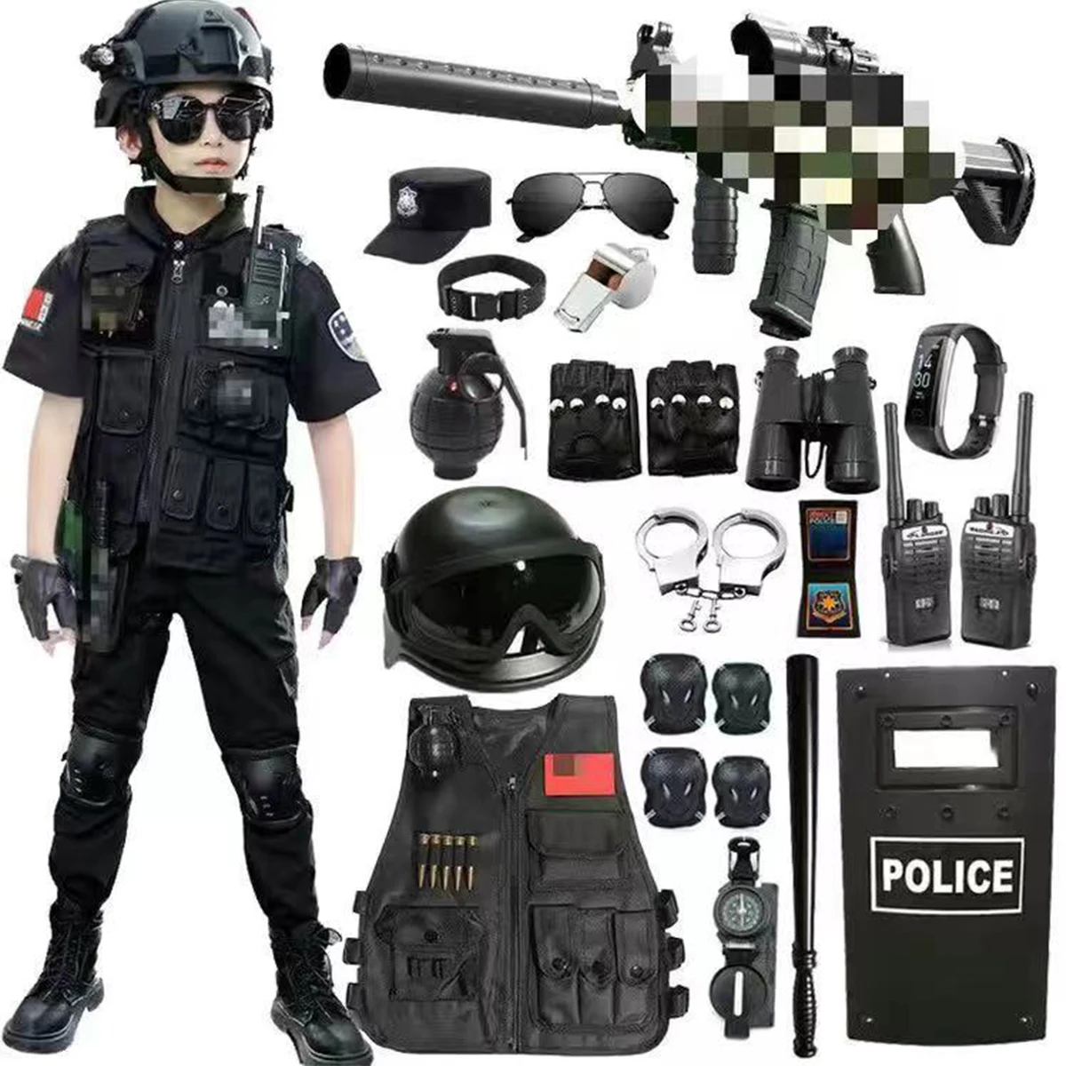 

Children's Police Role Play Costume With Binoculars & Walkie-talkie & MP5 & Helmet & Music Grenade Etc For Halloween Props