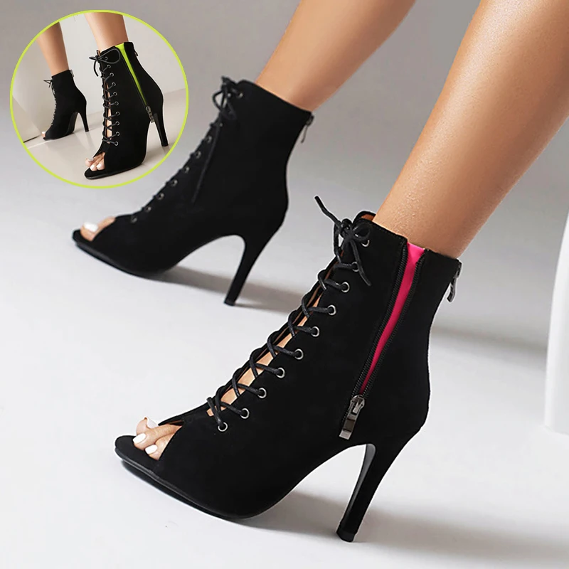 

Обувь для латинских танцев для девочек, женские сандалии с высоким берцем для современных танцев, сальсы, обувь для танцевальных танцев, женские модные пикантные замшевые сапоги на высоком каблуке