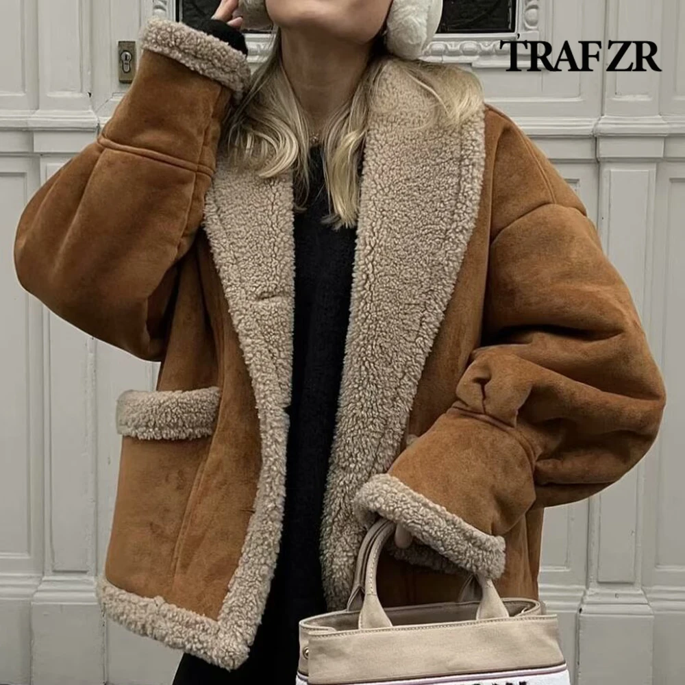 TRAF ZR HighStreet Faux Sheepskin Jacket Long Sleeve Flared Cuff Artifical Fur Coat Lapeled Single Breasted Winter Outerwear