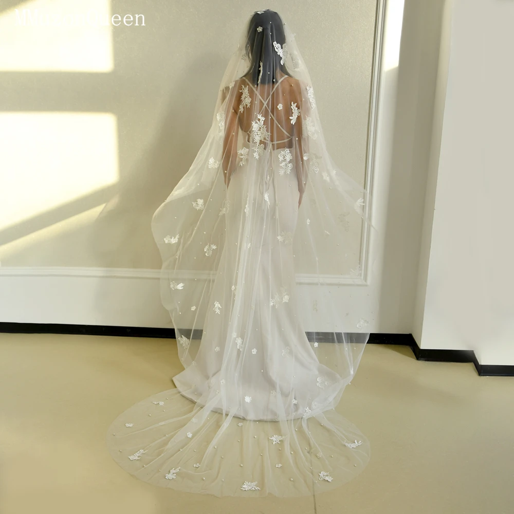 MMQ clásico 3 metros bordado perla decorado velo de novia catedral accesorios de boda tul vestido de novia para mujer svта M25