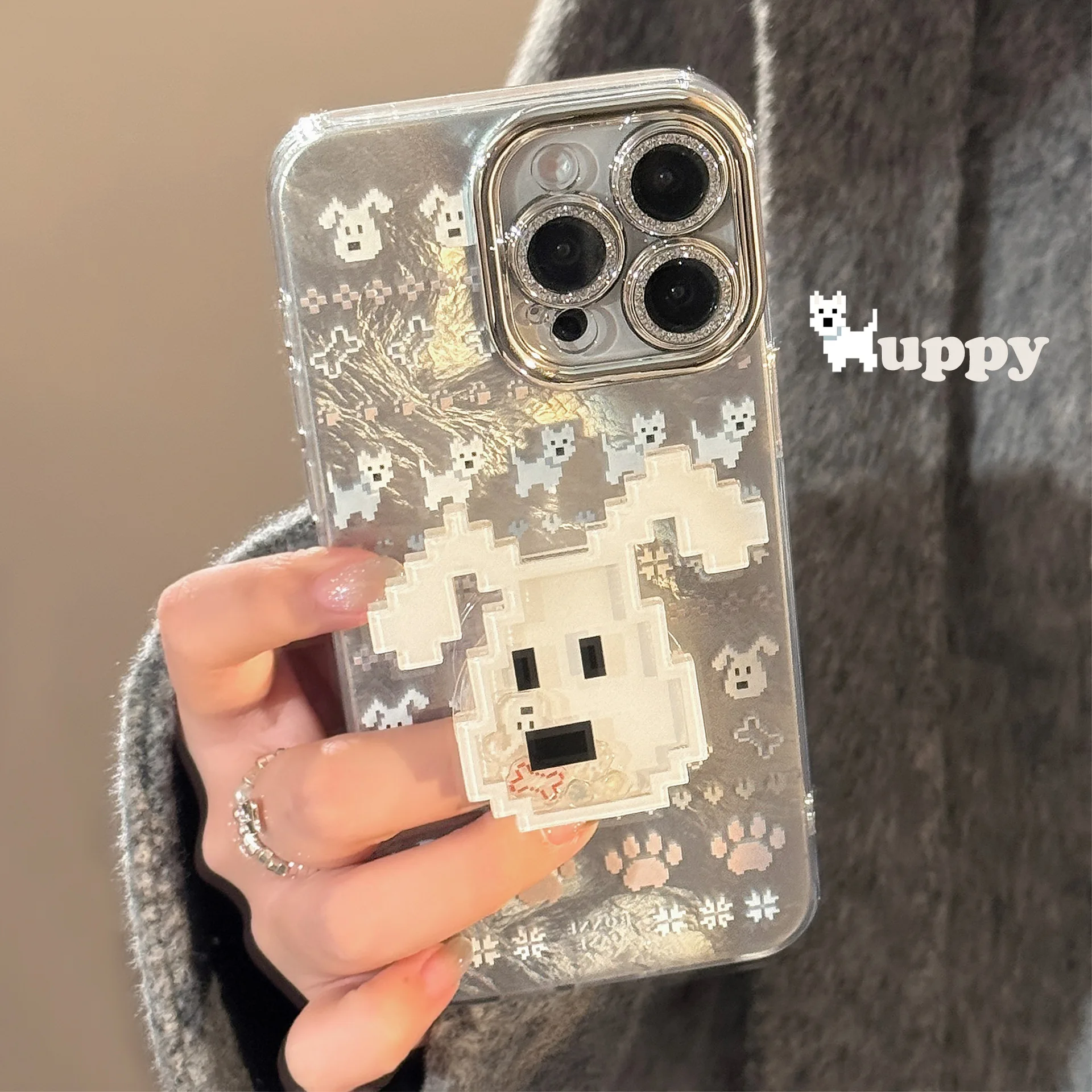 Pixel wind dog mobile phone case: cute cute pet pattern 16iphone15promax winter puppy iphone14 rocking music bracket 12