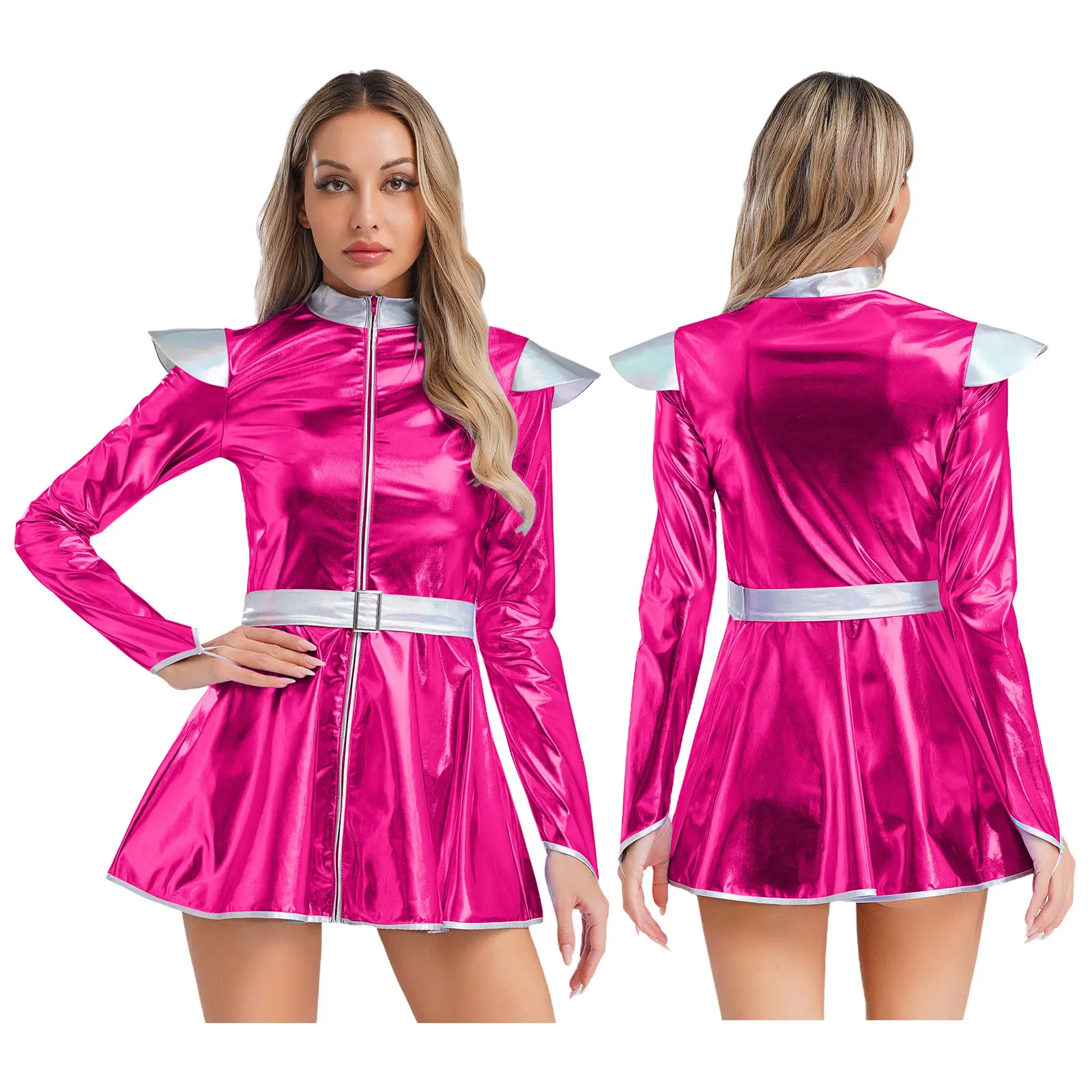 iiniim Traje Extraterrestre Alien de Brillante Metálico para Niñas Disfraz Robot Galáctico Vestido de Manga Larga con Diadema de Espacial Disfraz de Cadete Espacial Plata 5-6 años