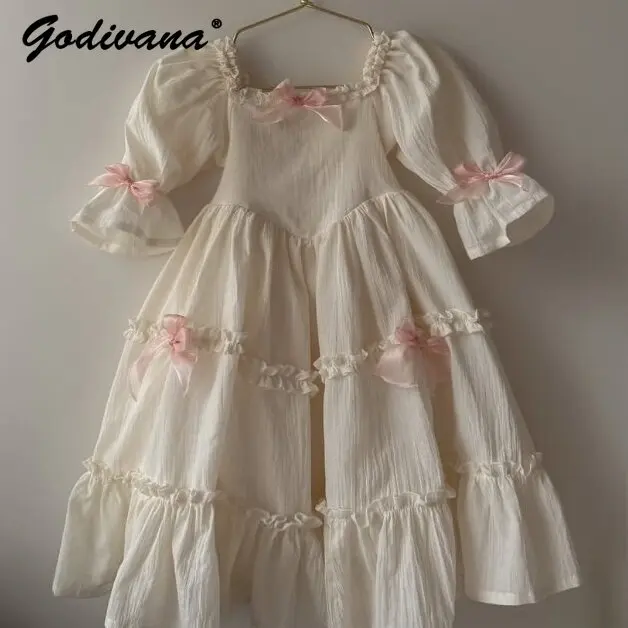 

Sweet Baby Girls Spring and Summer Cotton Linen Lolita Dress Childrens Bow Court Lace-up Ruffle Trim Square Collar Loose Dress
