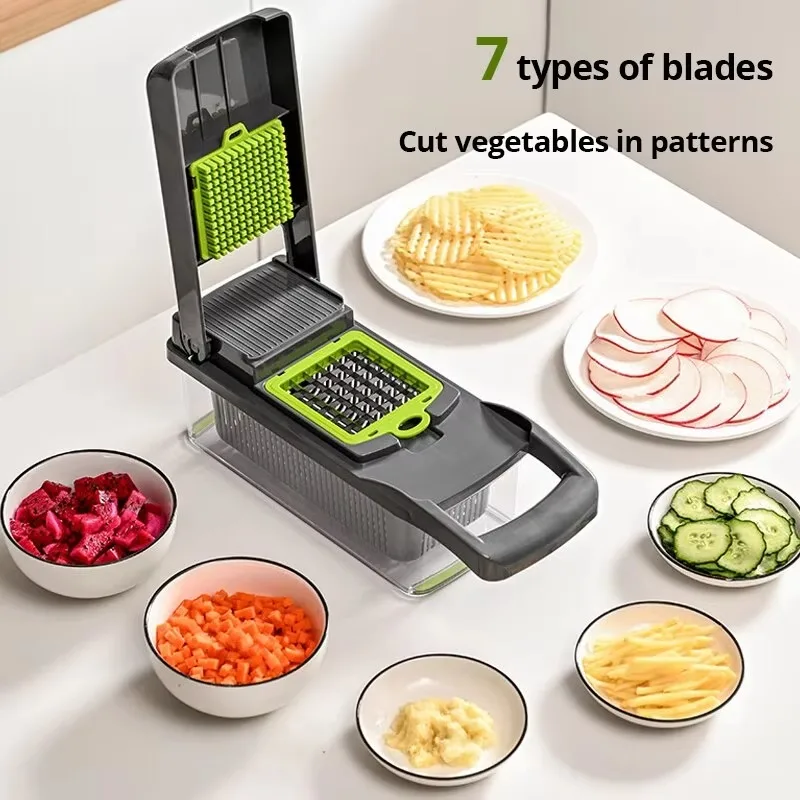12-in-1 Multifunctional Vegetable Slicer Cutter Shredder with Basket Fruit Potato Chopper Carrot Grater Green Black Kitchen Tool