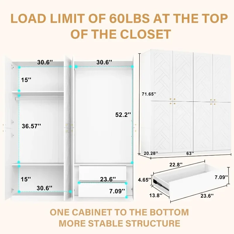 Armoire de garde-robe en bois à 4 portes, armoires de chambre de 78 po avec étagère la plus récente, armoire autoportante