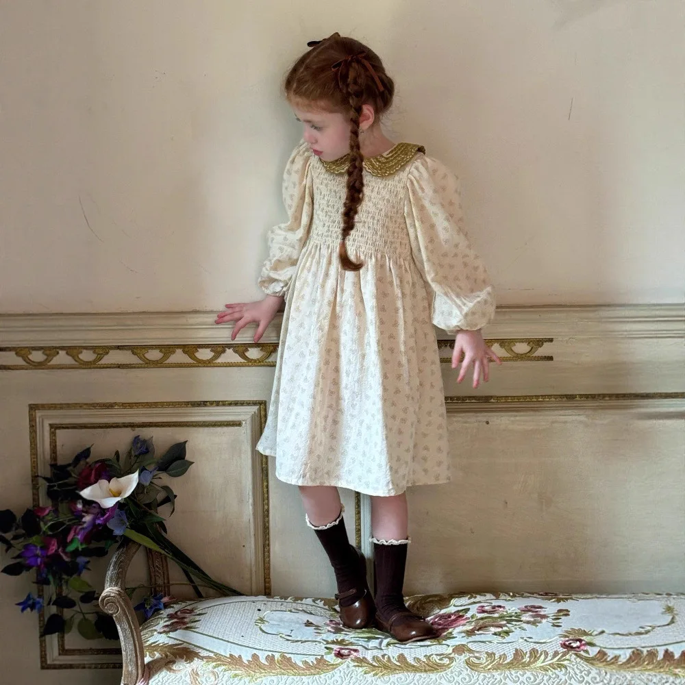 

Toddler Kids Girls Dress 2025 Autumn Linen Peter Pan Collar Children Girls Floral Dress Long Sleeves Little Girls Princess Dress