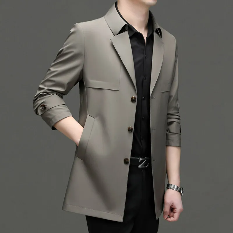 2025 Spring and Autumn New Men's Business Leisure Windbreaker Coat British Style Suit Collar Medium length Coat