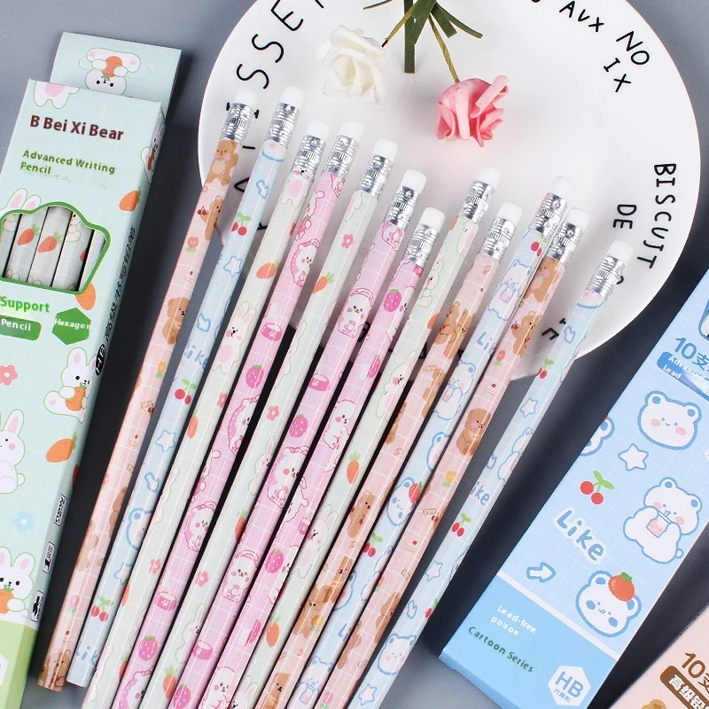 MINI10 piece graphite pencil set, Korean Kawaii stationery pencil, children's school writing and painting art supplies