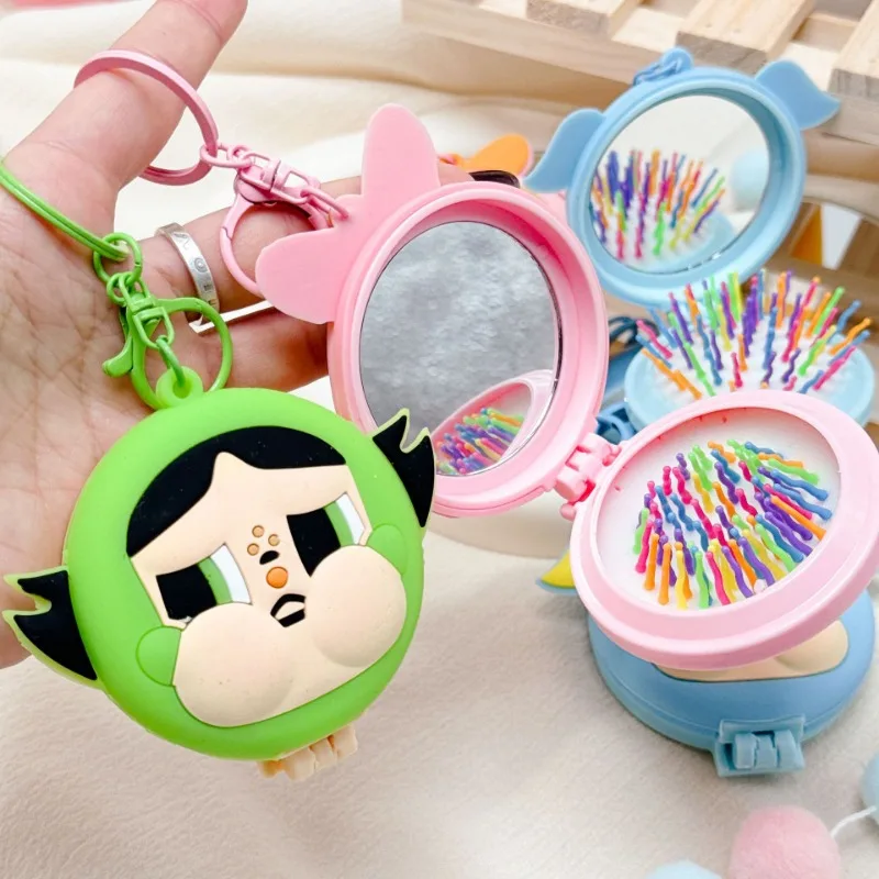 New Cartoon Powerpuff Girl Makeup Mirror Ins Kawaii Keychain Portable Makeup Comb Multifunctional Backpack Pendant Jewelry Gifts