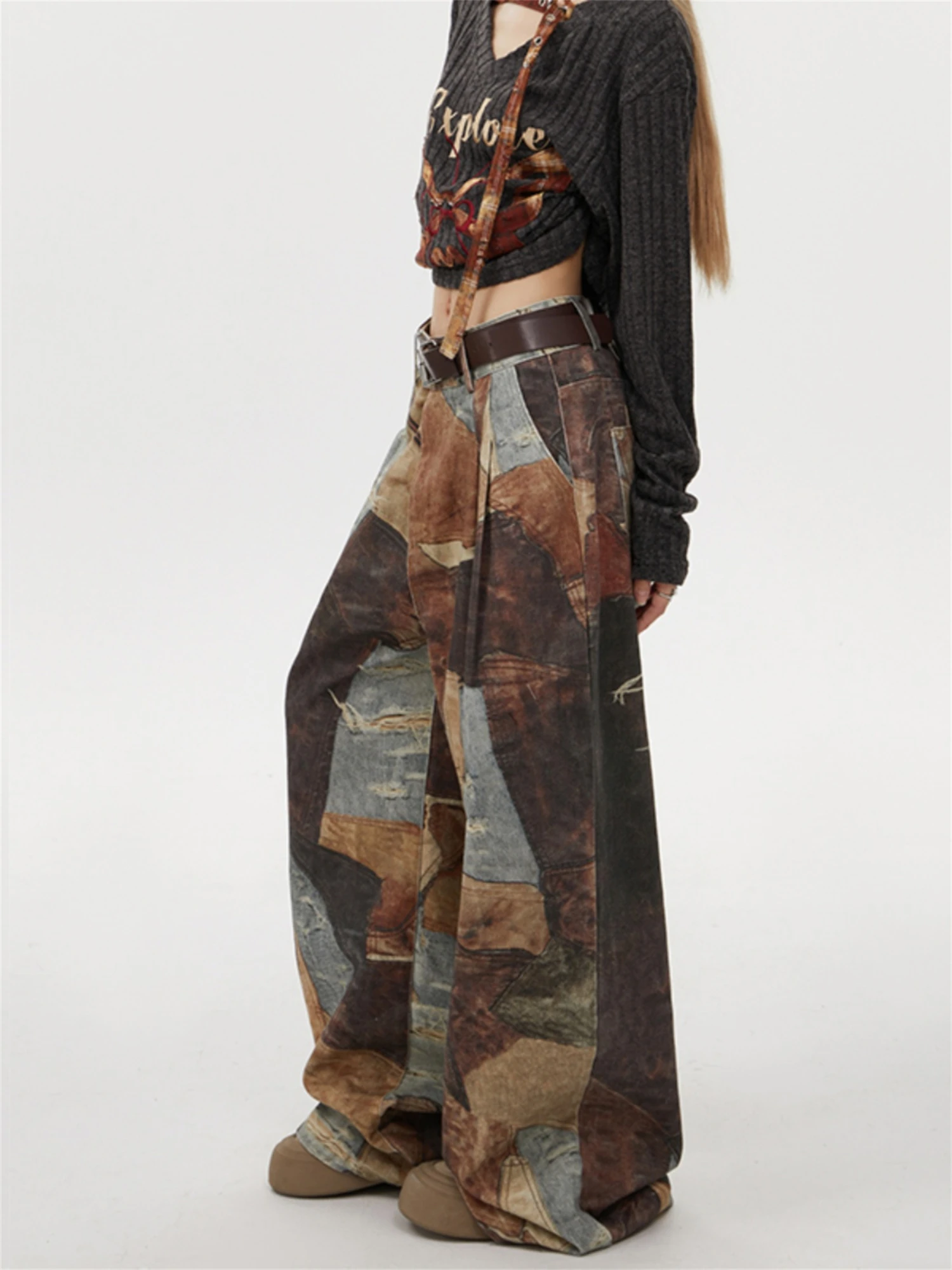 بنطلون جينز نسائي عالي الخصر وواسع الساق مرقع عتيق مغسول متعدد الألوان ريترو Y2K ملابس الشارع الشهير من قماش الدنيم #4