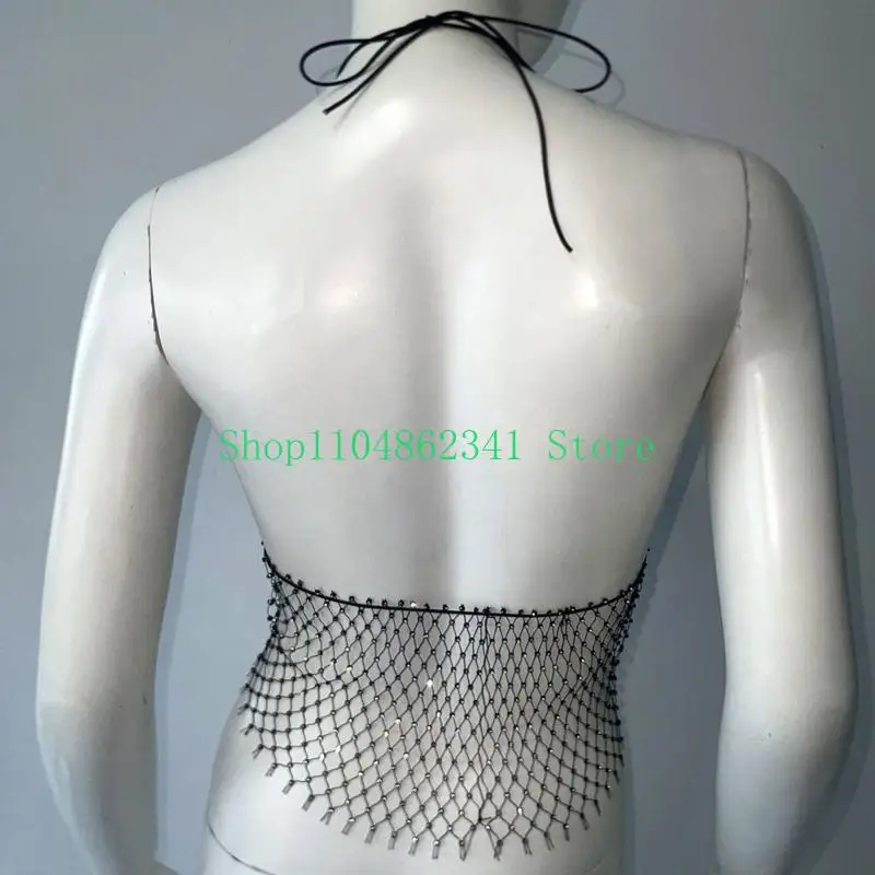 5asd Women's Halters See Through Camisole Tassels Rhinestones Crop Top Top for Raves Night Out Party Clubwears