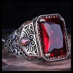 Fashion retro ethnic style texture inlaid red blue green zircon boys casual business ring