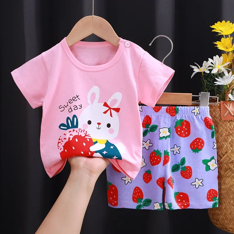 Summer New 2024 Kids Pajamas Cute Cartoon Print Short Sleeve T-Shirt Tops + Shorts Toddler Baby Boys Girls Casual Clothing Sets