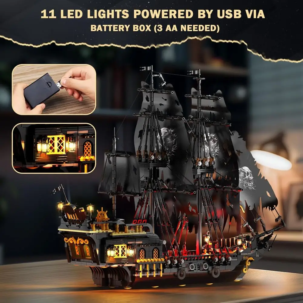 Illuminated Pearl Pirate Ship Model Kit 40002, 1713-Piece Building Toy for Teens & Adults 14+, Ideal for Home or Office Decor