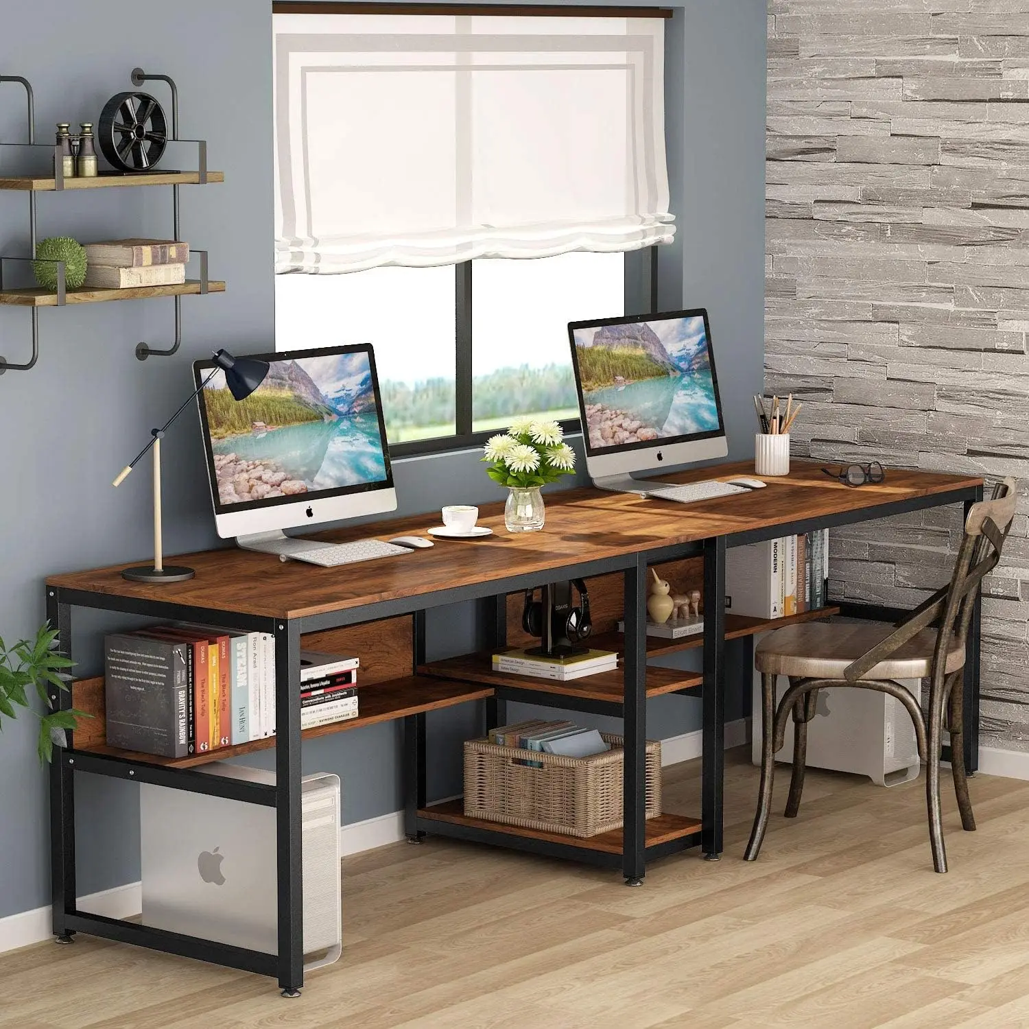 Two Person Desk With Bookshelf, 78.7 Computer Office Double Desk For Two Person, Rustic Writing Desk Workstation With