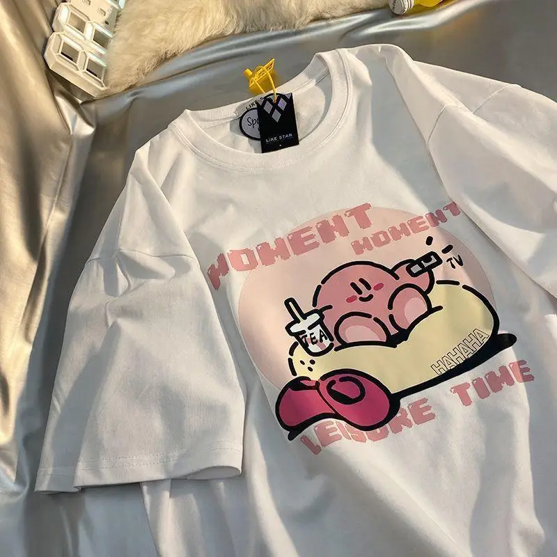 Japanese Women's Cotton T-Shirt Kawaii Kirby Short-Sleeve Loose Korean Round Neck Tops Summer Trendy Casual Tees Bottom Shirt