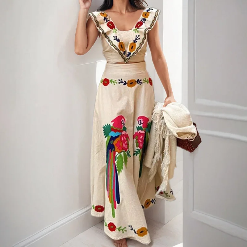 

Women's Floral Pattern Two-Piece Set Fashion Quare Neck Sleeveless Cropped Tops+High Waist Skirt 2 Pieces Set Lady Outfits