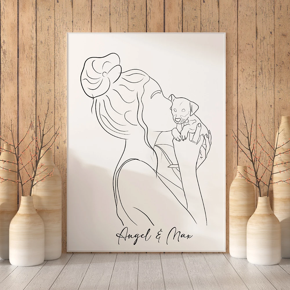 هدية شخصية لشخصين مرسومة باليد خط رسم الحيوانات الأليفة زوجين صور الزفاف صورة هدية الذكرى السنوية قماش ديكور غرفة نوم