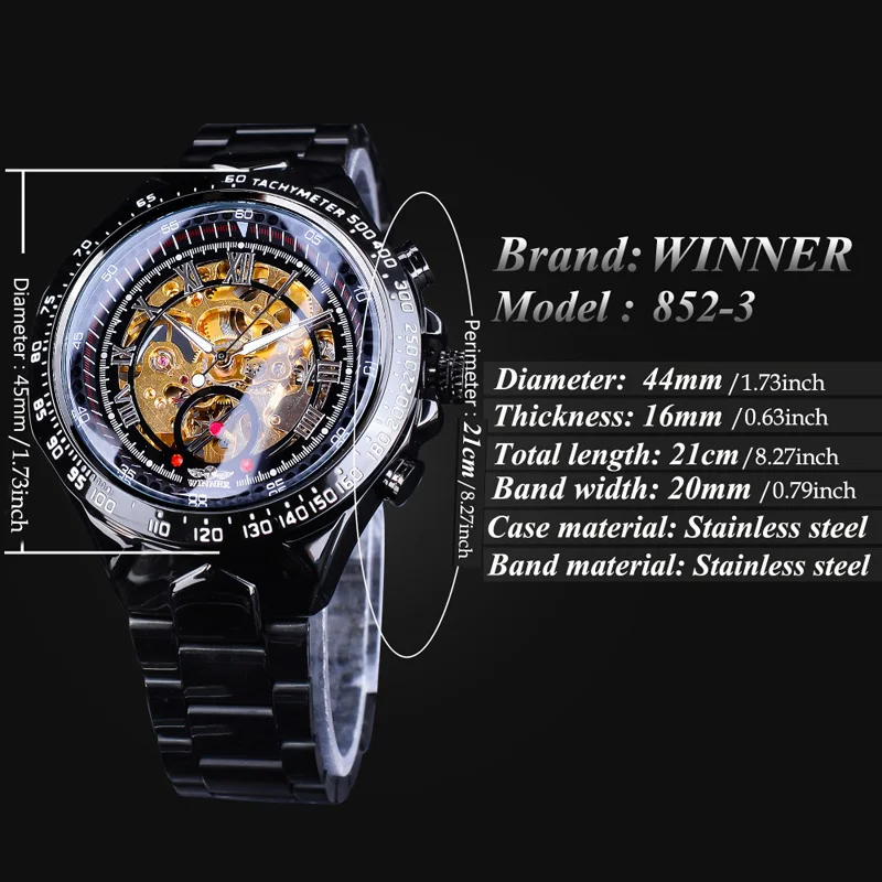 Hot Fashion Casual Sport Mechanical Wriswatches Men Black Skeleton Watches Winner Full Steel Automatic Mechanical Watches Men