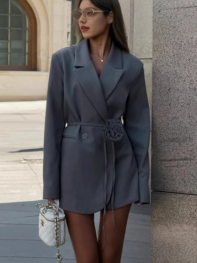 

FSMG Fashion 3D Flower Belt Loose With Pockets Long Sleeve Coat Elegant Notch Collar Single Button Blazers Casual Office Jacket