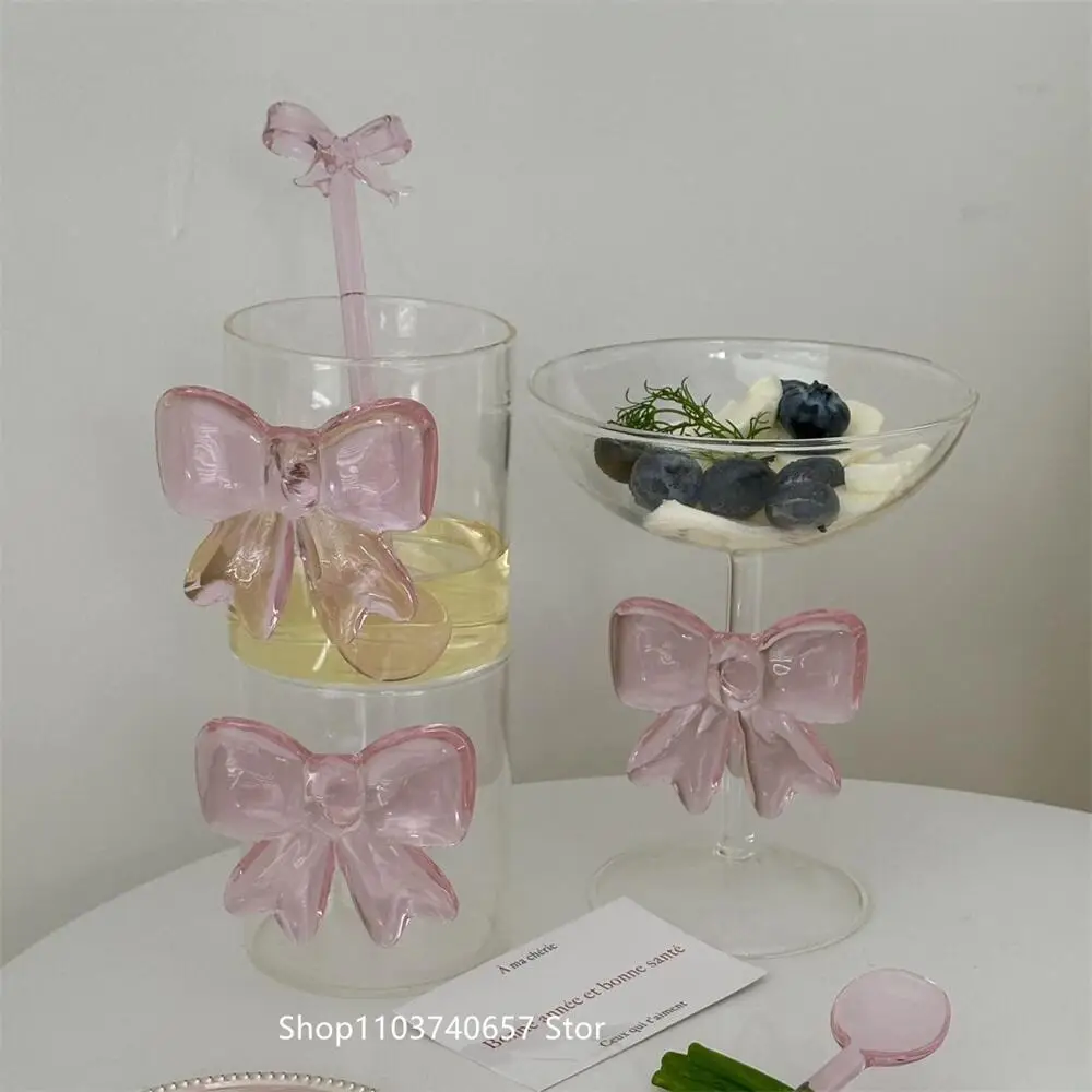 Pink large Bow Glass Decor Glass Cup Goblet Bow Handle Glasses Heat-resistant High Borosilicate Dessert Ice Cream Bowl