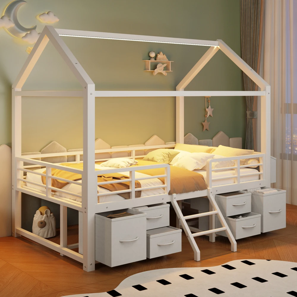 Letto a soppalco per bambini, dimensioni 90 x 200 cm, robusta struttura in metallo con tetto a forma di casetta, diversi cassetti in tessuto per riporre oggetti, mobili salvaspazio per la camera da