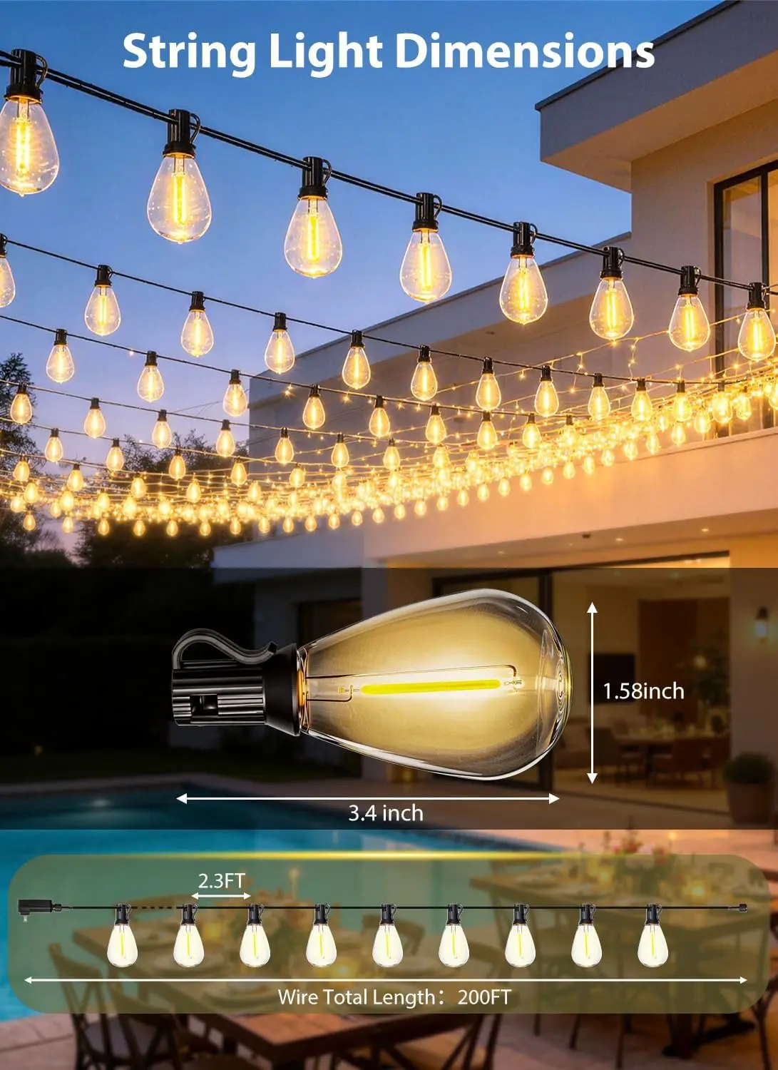 Patio Lights Incandescent Waterproof, Dimmable, Commercial Grade, Vintage Edison, 15 Bulbs Backyard Patio Warm White