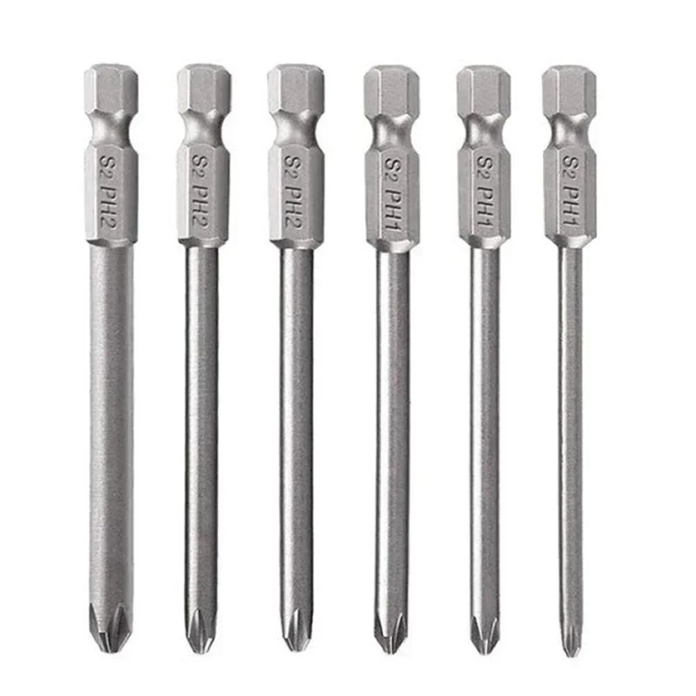 6Pcs Non-Slip Magnetic Batch Head Phillips/Cross Screwdriver Drill Bits  1/4\'\' Hex Shank 75mm Long Alloy Steel PH1 PH2