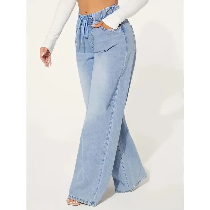 

High Waist Women's Jeans Light Blue Loose Wide Leg Elastic Waist Casual Street Style American Denim Pants for Women