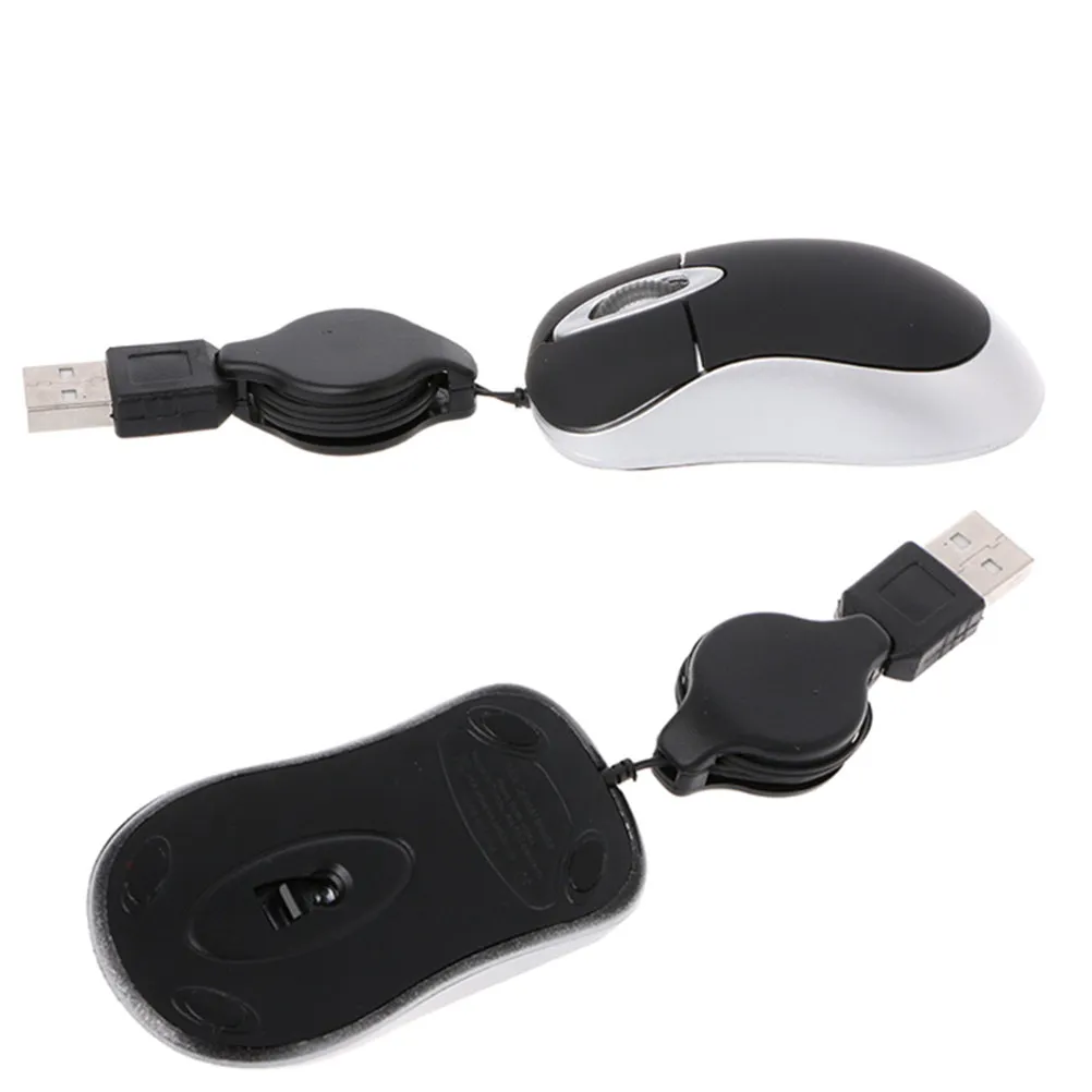 Mini Retractable Cord USB Optical Mouse 2 Pack Compact Ergonomic Plug and Play for Laptop Travel