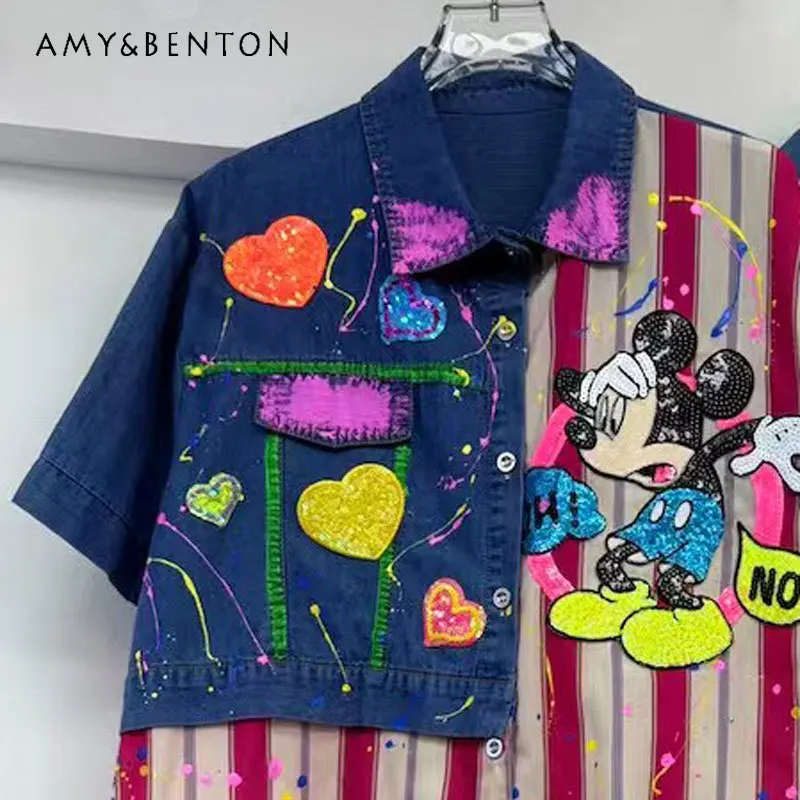 

2025 Autumn New Women's Denim Shirt Striped Cartoon Print Coat Fashion Versatile Loose Fashion Kawaii Single-Breasted Top Blusas