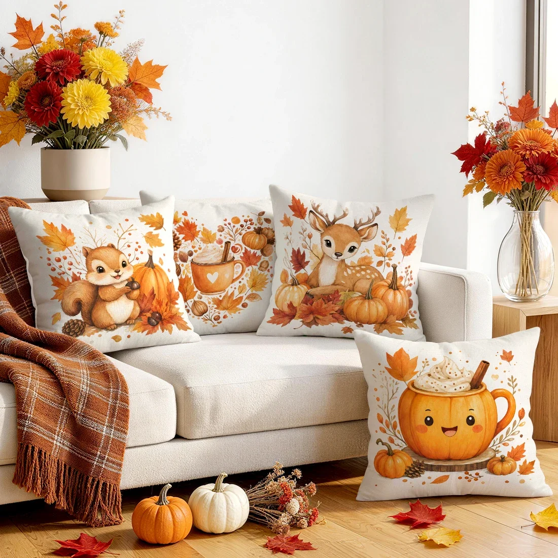 Autumn Squirrel Deer Cartoon Cushions Pillowcase Polyester Cushion Cover Throw Pillow Pillowcover Home Car Sofa Decor