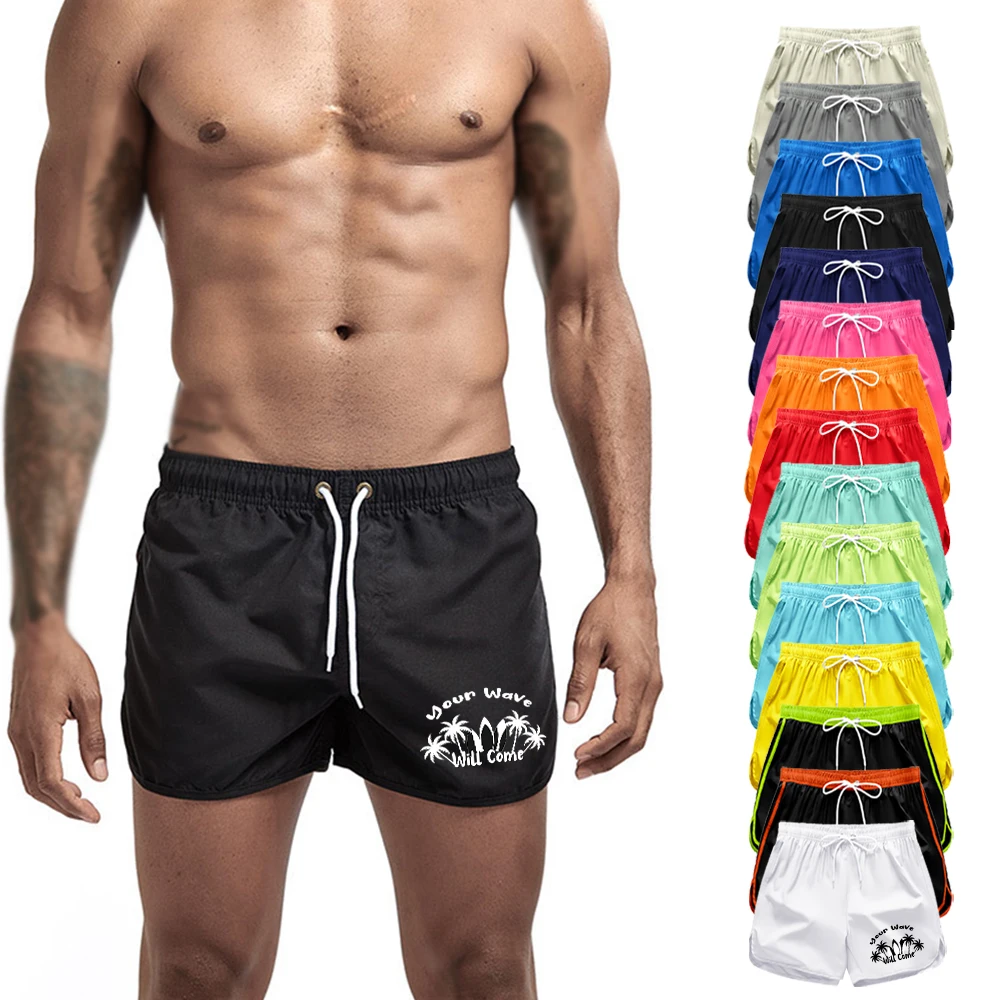 

Men's Summer Quick Dry Swimming Beach Shorts Elastic Waist Drawstring Swim Trunks Palm Tree Silhouette and Surfboard Print