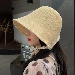 Summer 여름모자 New Women Visors Hat Foldable Sun Bucket Hat Fashion with Lace Rope Beach Straw Hats Chapeau Femme Beach Gorras