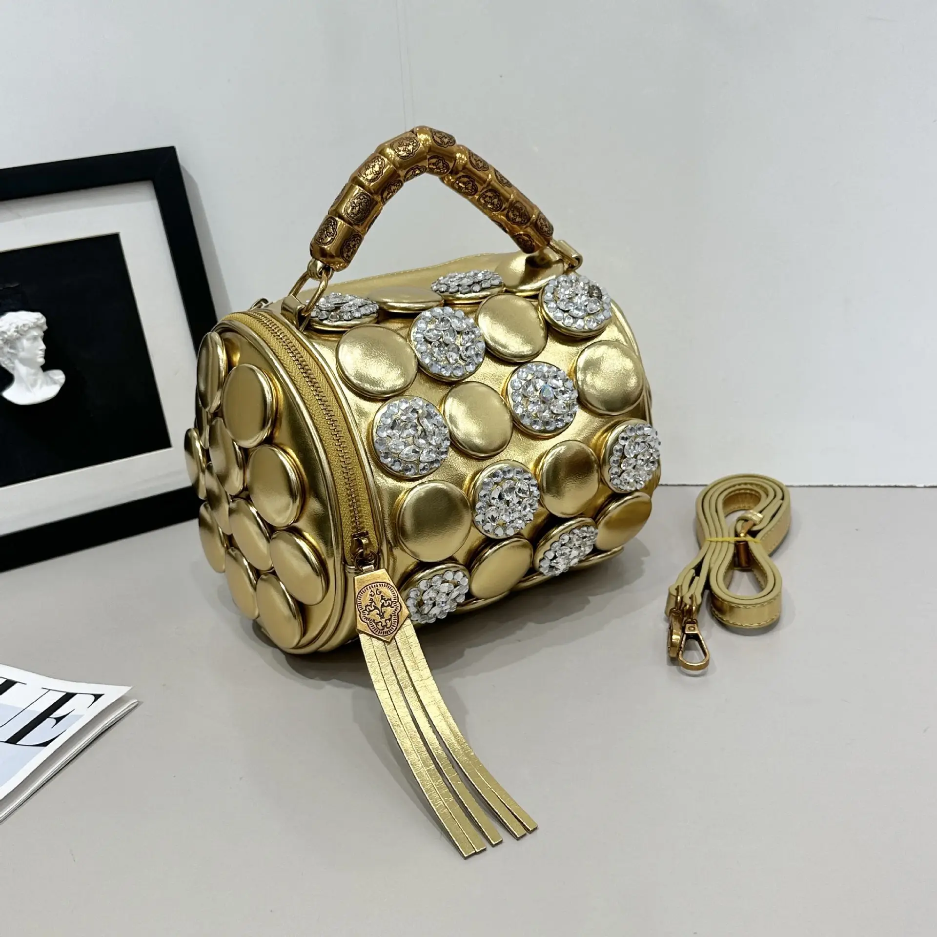 New Fashion Handbag with Diamond Set Small Square Bag Shoulder Strap Buckle Cylinder Pillow Bags for Women