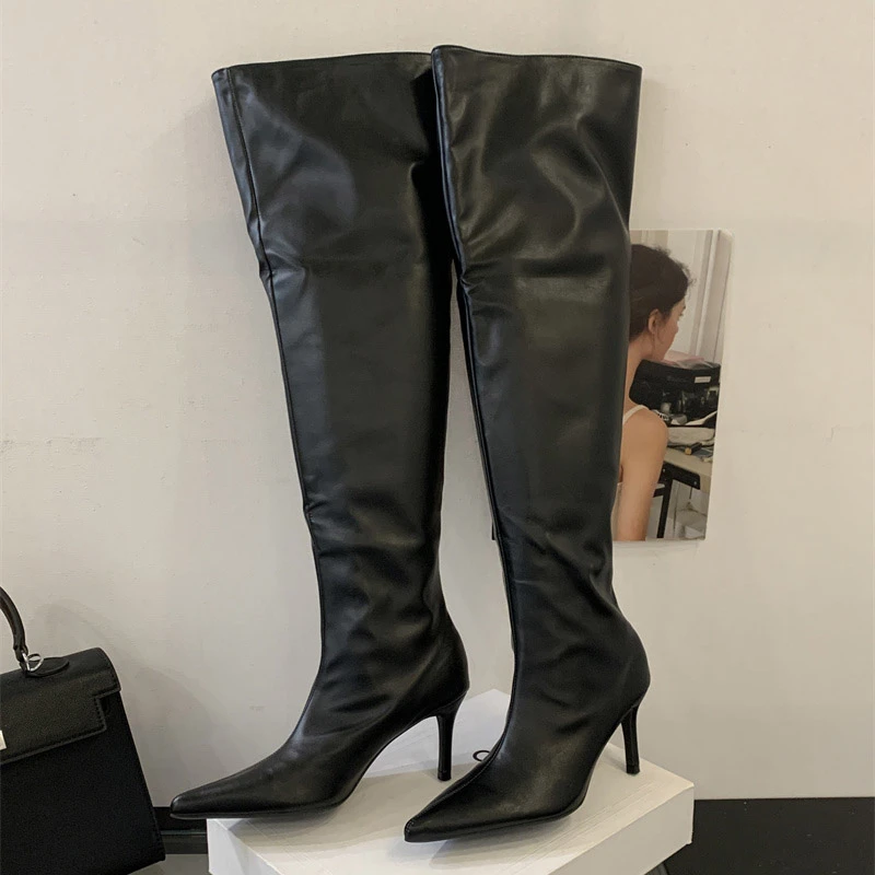 Eilyken 2026 Winter Design Pleated Pointed Toe Women Long Over The Knee Boots Fashion PU Soft Leather Thin Heels Shoes