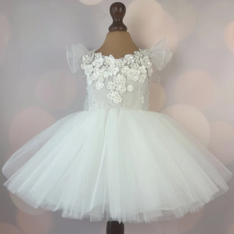 

White Flower Girl Dresses Tulle Flowers Appliques With Bow Short Sleeve For Wedding Birthday Party Holy Communion Gowns