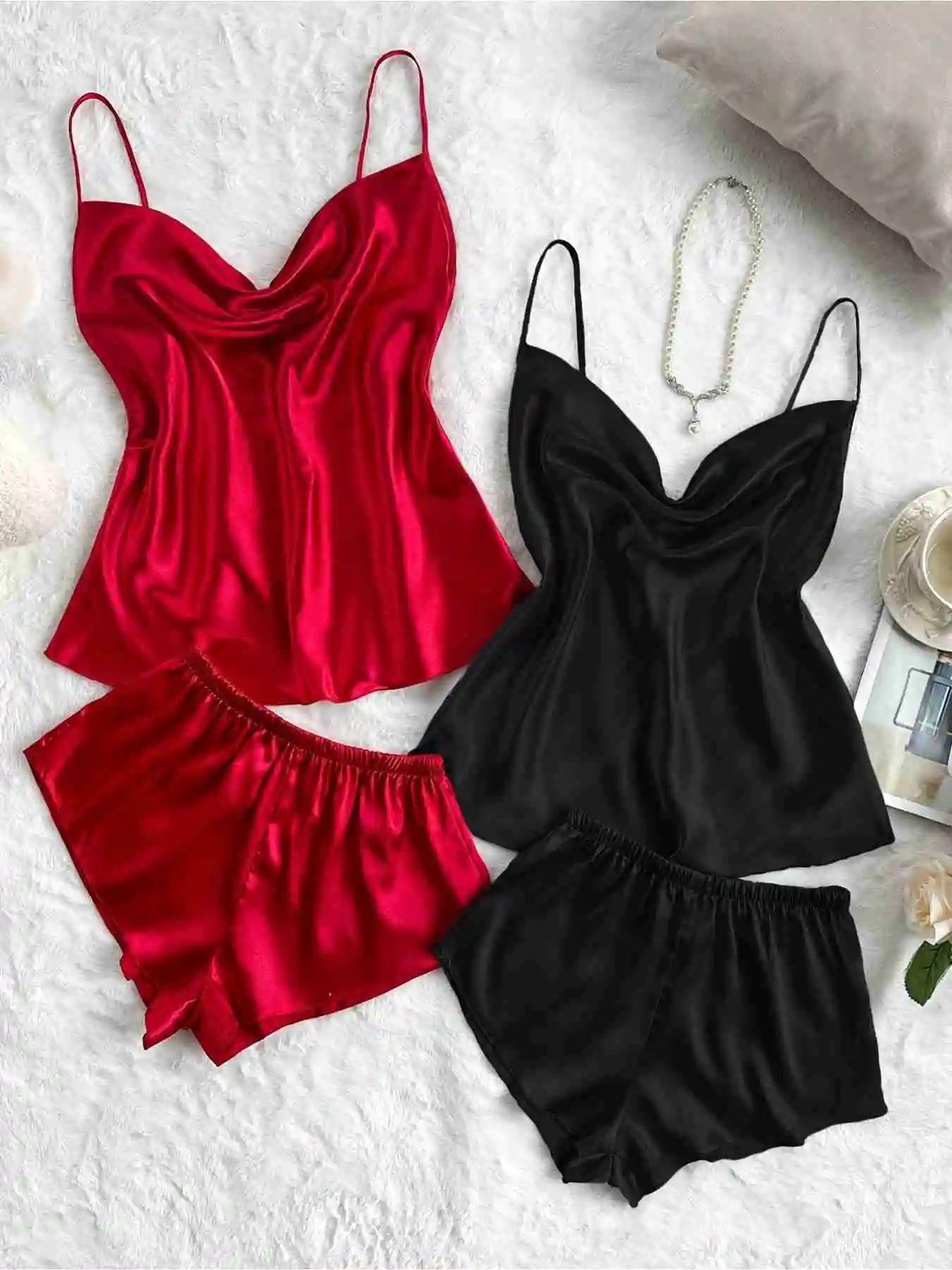 

Sexy Solid Satin Women's Pajama Set, Turtleneck Backless Cami Top & Shorts, Summer Nightwear, Comfortable Relaxed Fit 2 Sets