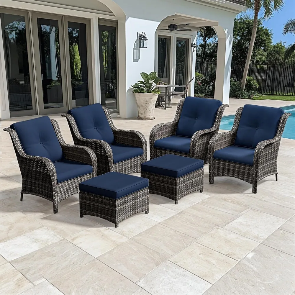 

6 Pieces Patio Conversation Set, Wicker Chairs Set of 4 and Two Ottomans with 3.5-inch Seat Cushions, High Back and Curved