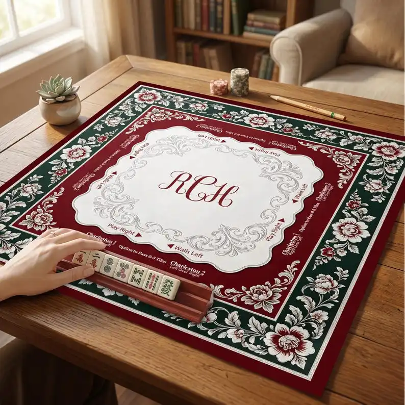 VIKAMA Vintage Floral Custom Initial Mahjong Mat Non Slip Washable Soft Square Pad Noise Dampening For US Mahjong Fans